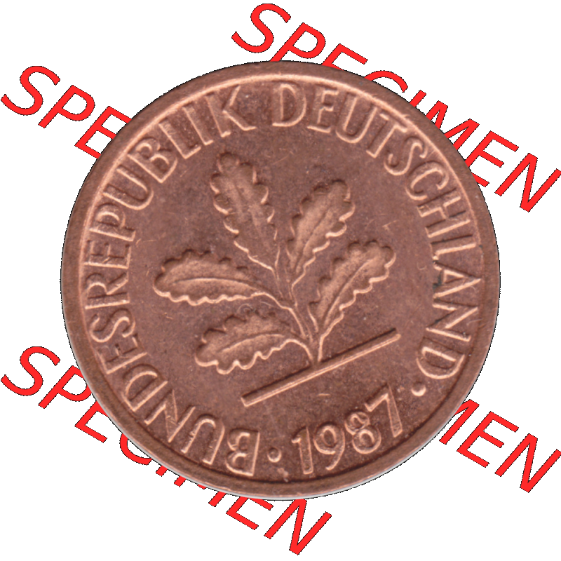 BRD Münzen 1 Pfennig Umlaufmünze in PNG 1950-2001, 1 Pfennig 1987, 1980er Jahre Stuttgart F-01. Vorderseite der digitalisierte 1 Pfennig F, mit Mzz. F für... Sammlung