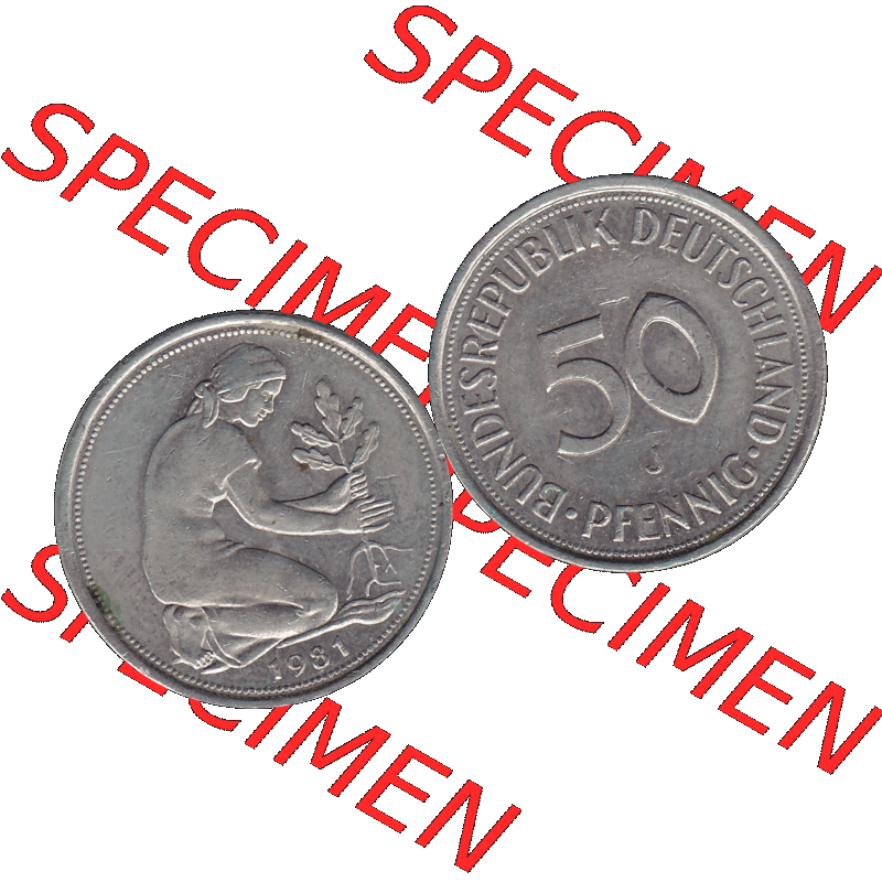 BRD Münzen 50 Pf. Umlaufmünze in PNG 1950-2001, 50 Pfennig BRD Deutschland 1981 "J"-01. PNG Computer-Grafik einer digitalisierten 50 Pfennig / Fünfzig Pfennige... Sammlung
