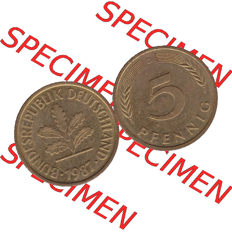 BRD Münzen 5 Pf., Umlaufmünze 1950-2001, 5 Pfennig Deutschland der BRD, 1987 Münzstätte München Mzz. D-02. Vorderseite und Rückseite... Sammlung
