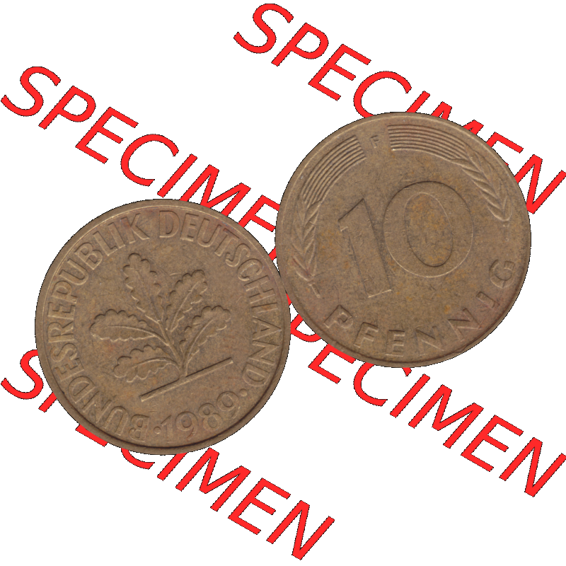 BRD Münzen 10 Pf. Umlaufmünze in PNG 1950-2001, 10 Pfennig 1989 F-03. Vorderseite und Rückseite mit Wert-Zahl auf einen Bild / Foto der digitalisierten 10 Pfennig... Sammlung