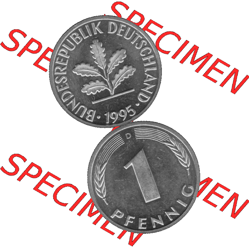 BRD Münzen 1 Pfennig Umlaufmünze in Graustufen PNG 1950-2001, 1 Pfennig 1995 München D-01. Graustufen-Bild erstellt aus Farbigen Bild mit Vorderseite und Rückseite auf... Sammlung