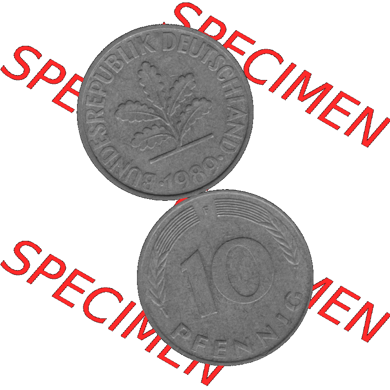 BRD Münzen 10 Pf. Umlaufmünze in PNG 1950-2001, 10 Pfennig 1989 F-03 Graustufen. Graues-Bild aus farbigen Bild erstellt mit Vorderseite und Rückseite auf einen Bild /... Sammlung