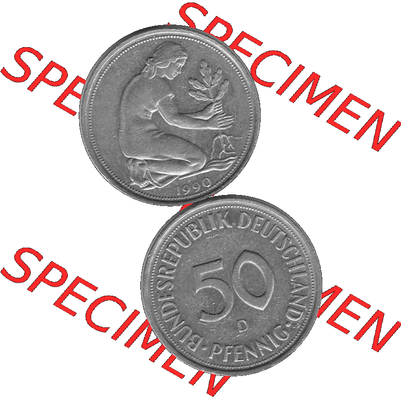 BRD Münzen Deutschland D 50 Pf. Umlaufmünze in Graustufen PNG 1950-2001, 50 Pfennig 1990 Münzzeichen "D" für München - "D"-01 Graustufen.... Sammlung