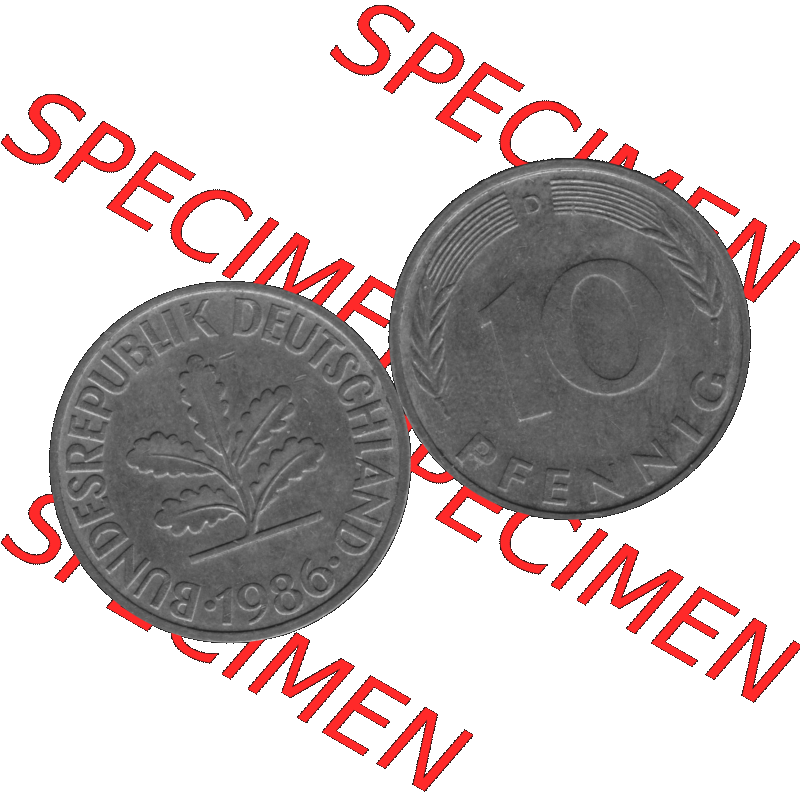 BRD Münzen 10 Pf. Umlaufmünze in PNG 1950-2001, 10 Pfennig 1986 D-07 Graustufen. Graustufen-Bilder der Vorderseite und Rückseite mit Wert-Zahl auf einen Bild / Foto... Sammlung