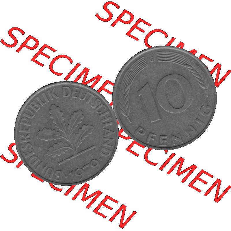 BRD Münzen 10 Pf. Umlaufmünze in PNG 1950-2001, 10 Pfennig 1979 G-01 Graustufen. Graustufen-Bild vom Scanner aus farbigen Bild mit Vorderseite und Rückseite mit Wert-Zahl... Sammlung