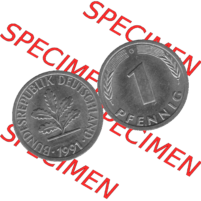 BRD Münzen 1 Pfennig BRD-Deutschland Umlaufmünze in Graustufen PNG 1950-2001, 1 Pfennig 1991, 1990er Jahre Münzstätte Karlsruhe G-01. Graustufen-Bilder der Vorderseite... Sammlung