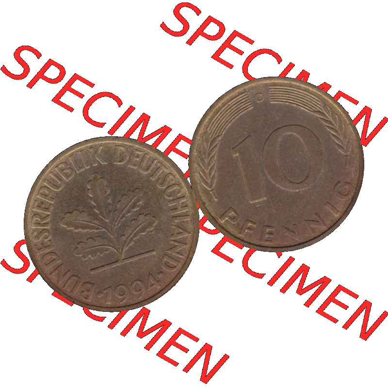 BRD Münzen 10 Pf. Umlaufmünze in PNG 1950-2001, 10 Pfennig 1994 D-01. Vorderseite und Rückseite mit Wert-Zahl auf einen Bild / Foto der digitalisierten 10 Pfennig... Sammlung