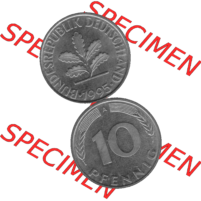 BRD Münzen 10 Pf. Umlaufmünze in PNG 1990-2001, 10 Pfennig 1995 A-01 Graustufen. Graustufen-Bilder mit Vorderseite und Rückseite auf einen Bild / Foto vertikal untereinander... Sammlung