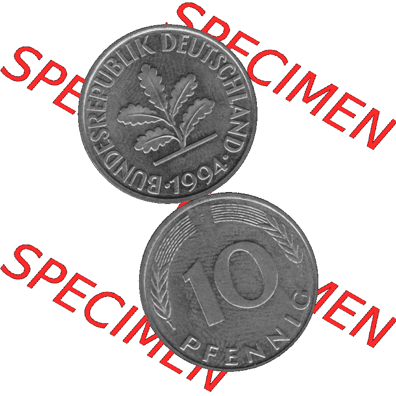 BRD Münzen 10 Pf. Umlaufmünze in PNG 1950-2001, 10 Pfennig 1994 F-01 Graustufen. Graues-Bild aus farbigen Bild erstellt mit Vorderseite und Rückseite auf einen Bild /... Sammlung