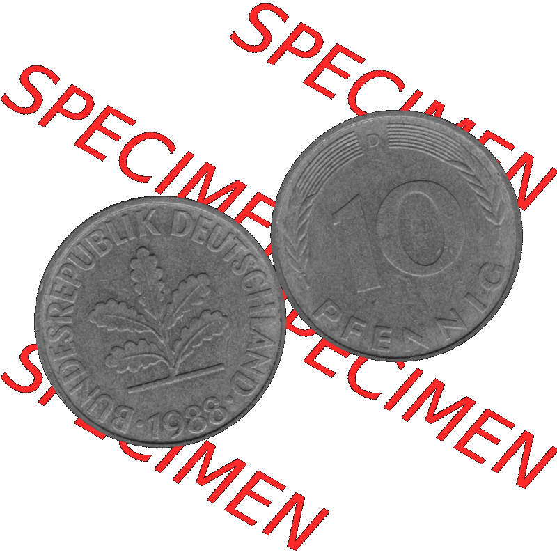 BRD Münzen 10 Pf. Umlaufmünze in PNG 1950-2001, 10 Pfennig 1988 D-13 Graustufen. Graustufen-Bilder der Vorderseite und Rückseite mit Wert-Zahl auf einen Bild / Foto... Sammlung