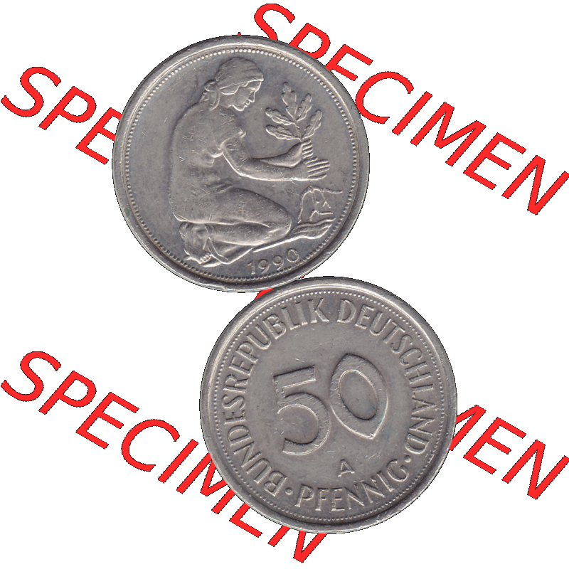 BRD Münzen 50 Pf. Umlaufmünze in PNG 1990-2001, 50 Pfennig BRD Deutschland 1990 Mzz. Berlin A-1. Transparente Vorderseite und Rückseite der Münze vertikal... Sammlung