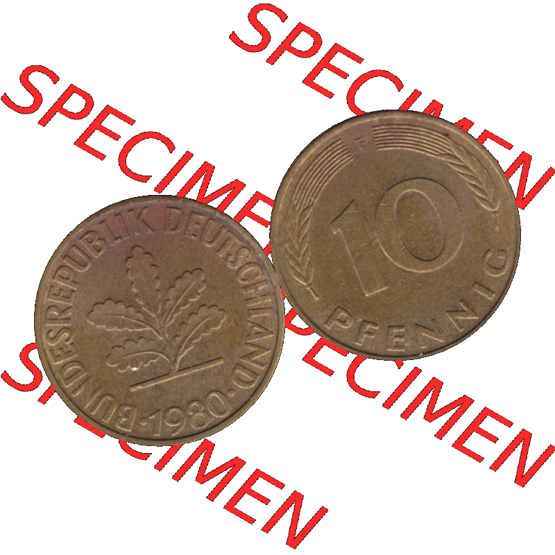 BRD Münzen 10 Pf. Umlaufmünze in PNG 1950-2001, 10 Pfennig 1980 F-01. Vorderseite und Rückseite mit Wert-Zahl auf einen Bild / Foto der digitalisierten 10 Pfennig... Sammlung