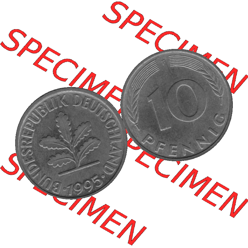 BRD Münzen 10 Pf. Umlaufmünze in PNG 1950-2001, 10 Pfennig 1995 F-01 Graustufen. Graustufen-Bild aus Farbigen Bilder mit Vorderseite und Rückseite mit Wert-Zahl auf einen... Sammlung
