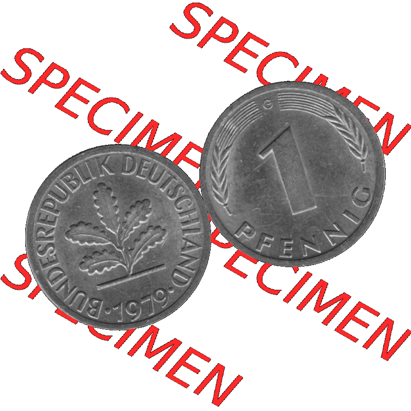 BRD Münzen 1 Pfennig BRD-Deutschland Umlaufmünze in Graustufen PNG 1950-2001, 1 Pfennig 1979, 1970er Jahre Münzstätte Karlsruhe G-01. Graustufen-Bilder der Vorderseite... Sammlung