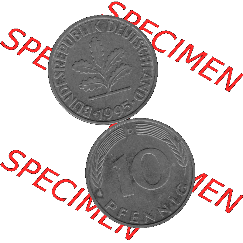 BRD Münzen 10 Pf. Umlaufmünze in PNG 1950-2001, 10 Pfennig 1995 D-12 Graustufen. Graustufen-Bild erstellt aus Farbigen Bild mit Vorderseite und Rückseite auf einen Bild... Sammlung