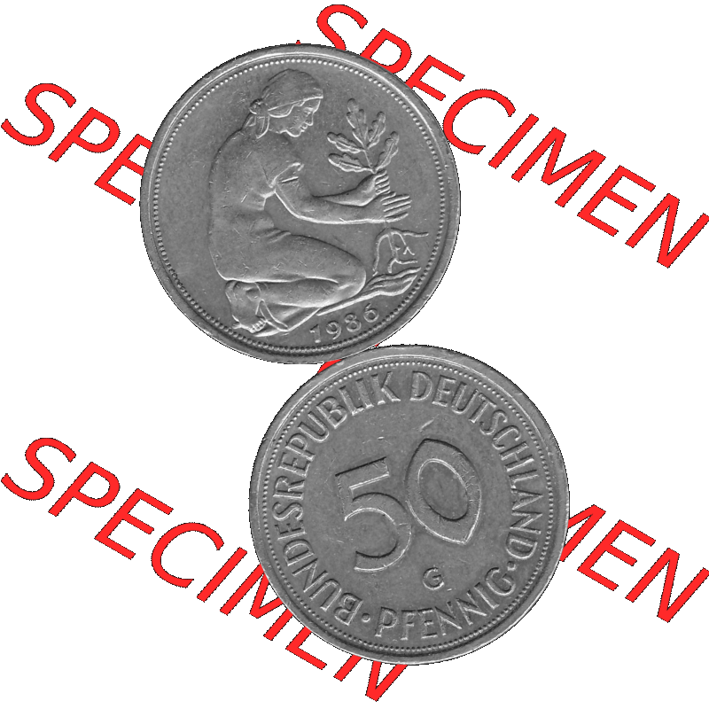 BRD Münzen Deutschland G 50 Pf. Umlaufmünze in Graustufen PNG 1950-2001, 50 Pfennig 1986 Münzzeichen "G" für Karlsruhe - "G"-01 Graustufen. PNG... Sammlung