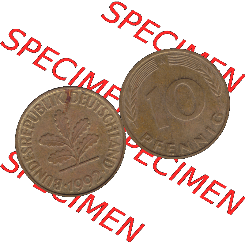 BRD Münzen 10 Pf. Umlaufmünze in PNG 1990-2001, 10 Pfennig 1992 A-01. Vorderseite und Rückseite mit Wert-Zahl auf einen Bild / Foto der digitalisierten 10 Pfennig... Sammlung