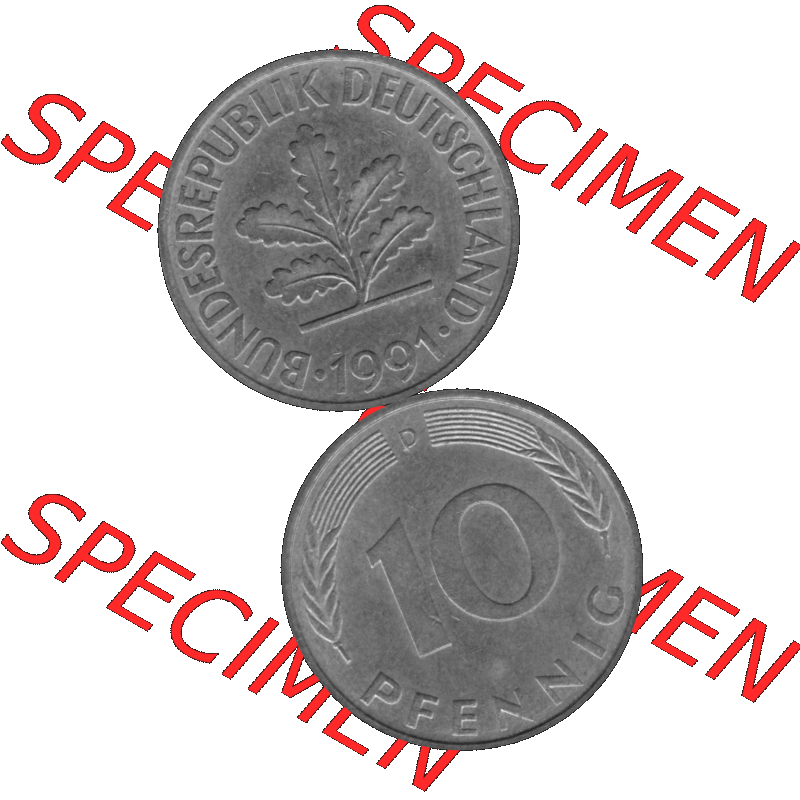 BRD Münzen 10 Pf. Umlaufmünze in PNG 1950-2001, 10 Pfennig 1991 D-03 Graustufen. Graustufen-Bild erstellt aus Farbigen Bild mit Vorderseite und Rückseite auf einen Bild... Sammlung