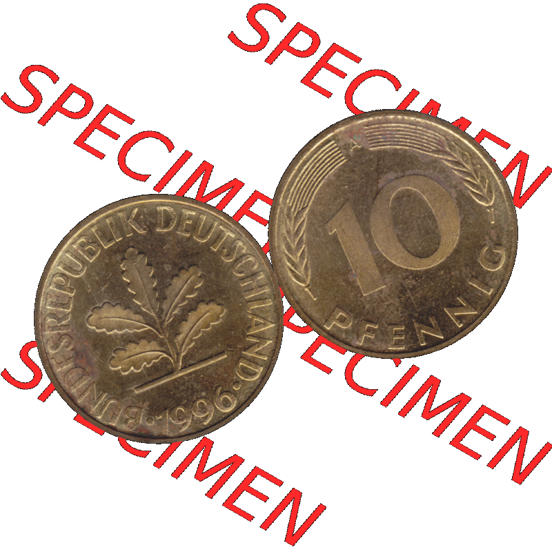BRD Münzen 10 Pf. Umlaufmünze in PNG 1990-2001, 10 Pfennig 1996 A-02. Vorderseite und Rückseite mit Wert-Zahl auf einen Bild / Foto der digitalisierten 10 Pfennig... Sammlung