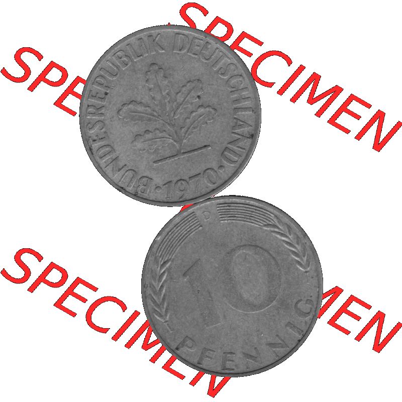 BRD Münzen 10 Pf. Umlaufmünze in PNG 1950-2001, 10 Pfennig 1970 D-01 Graustufen. Graustufen-Bild erstellt aus Farbigen Bild mit Vorderseite und Rückseite auf einen Bild... Sammlung