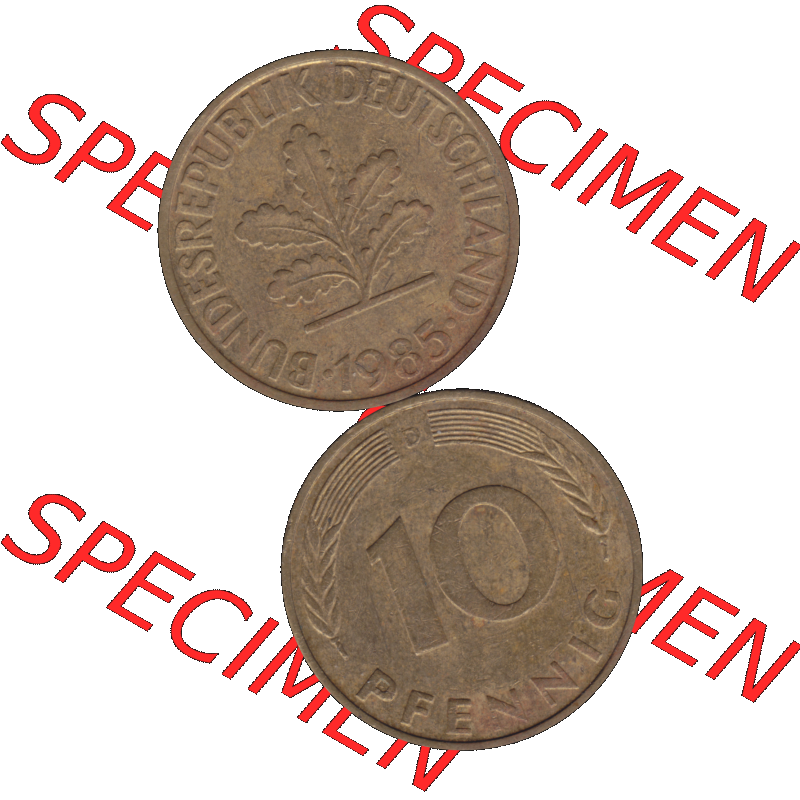 BRD Münzen 10 Pf. Umlaufmünze in PNG 1950-2001, 10 Pfennig 1985 D-01. Vorderseite und Rückseite auf einen Bild / Foto vertikal untereinander zusammengefügt,... Sammlung
