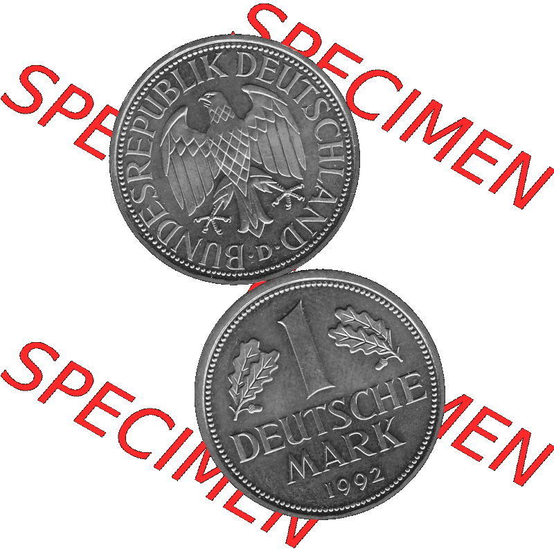 BRD Deutschland Münzen 1 / Eine DM / Eine Deutsche Mark in Graustufen PNG 1950-2001, 1 DM Deutsche Mark, 1992 Münzzeichen für München Mzz. D-02 Graustufen.... Sammlung