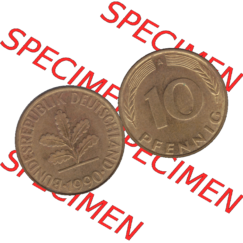BRD Münzen 10 Pf. Umlaufmünze in PNG 1990-2001, 10 Pfennig 1990 A-01. Vorderseite und Rückseite mit Wert-Zahl auf einen Bild / Foto der digitalisierten 10 Pfennig... Sammlung