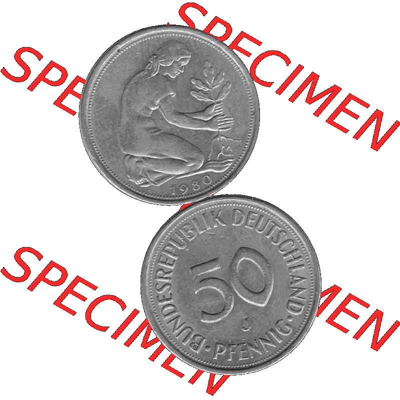 BRD Münzen Deutschland J 50 Pf. Umlaufmünze in Graustufen PNG 1950-2001, 50 Pfennig 1980 Münzzeichen "J" für Hamburg "J"-01 Graustufen. PNG Computer-Grafik... Sammlung