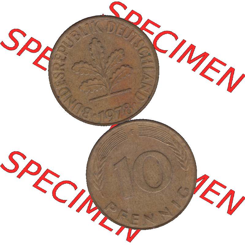 BRD Münzen 10 Pf. Umlaufmünze in PNG 1950-2001, 10 Pfennig 1978 F-01. Vorderseite und Rückseite auf einen Bild / Foto vertikal untereinander zusammengefügt,... Sammlung