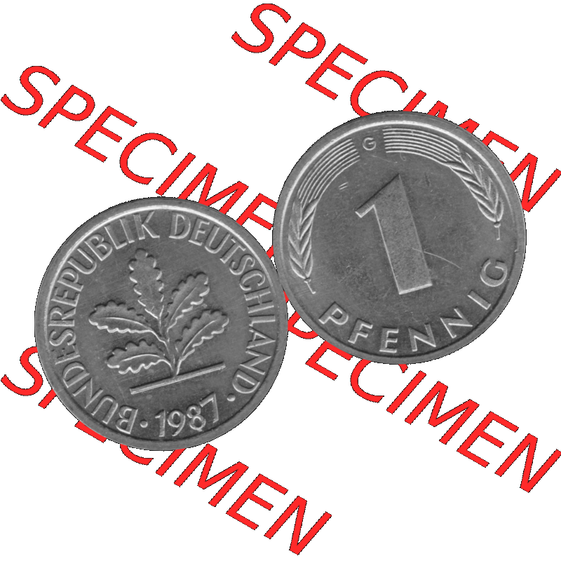 BRD Münzen 1 Pfennig BRD-Deutschland Umlaufmünze in Graustufen PNG 1950-2001, 1 Pfennig 1987, 1980er Jahre Münzstätte Karlsruhe G-01. Graustufen-Bilder der Vorderseite... Sammlung