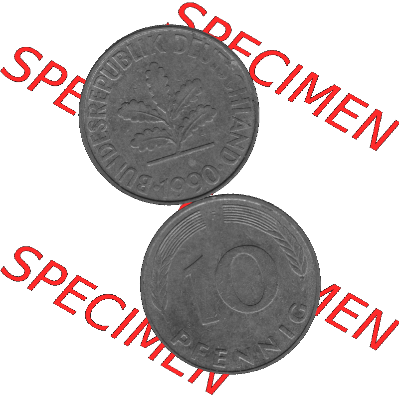 BRD Münzen 10 Pf. Umlaufmünze in PNG 1950-2001, 10 Pfennig 1990 F-01 Graustufen. Graues-Bild aus farbigen Bild erstellt mit Vorderseite und Rückseite auf einen Bild /... Sammlung