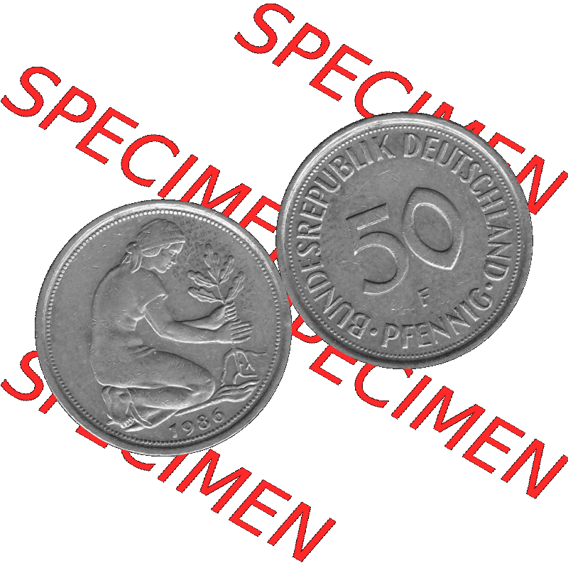 BRD Münzen Deutschland F 50 Pf. Umlaufmünze in Graustufen PNG 1950-2001, 50 Pfennig 1986 Münzzeichen "F" für Stuttgart - "F"-01 Graustufen. PNG... Sammlung