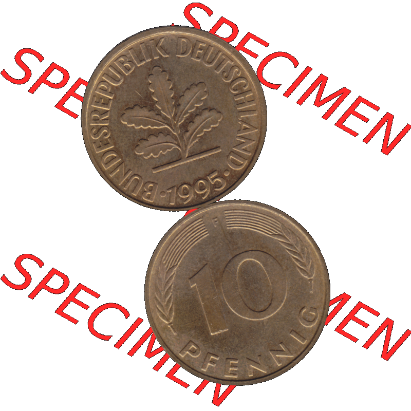 BRD Münzen 10 Pf. Umlaufmünze in PNG 1950-2001, 10 Pfennig 1995 F-01. Vorderseite und Rückseite auf einen Bild / Foto vertikal untereinander zusammengefügt,... Sammlung