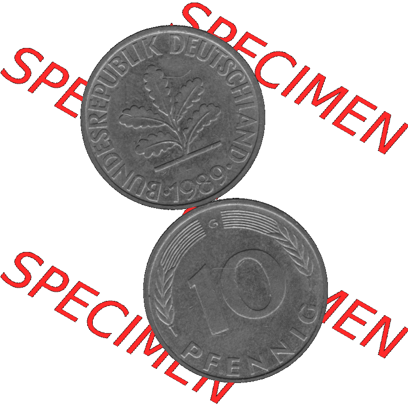 BRD Münzen 10 Pf. Umlaufmünze in PNG 1950-2001, 10 Pfennig 1989 G-10 Graustufen. Graustufen PNG-Bild, erstellt aus farbigen Vorlagen-Bild mit Vorderseite und Rückseite... Sammlung