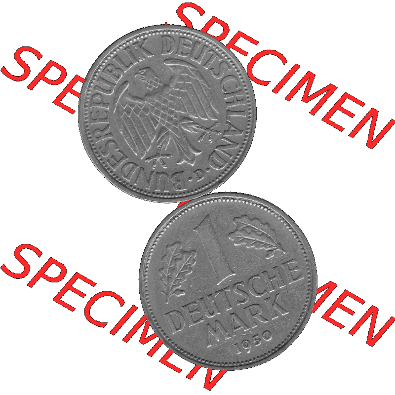 BRD Deutschland Münzen 1 / Eine DM / Eine Deutsche Mark in Graustufen PNG 1950-2001, 1 DM Deutsche Mark, 1950 Münzzeichen für München Mzz. D-01 Graustufen.... Sammlung