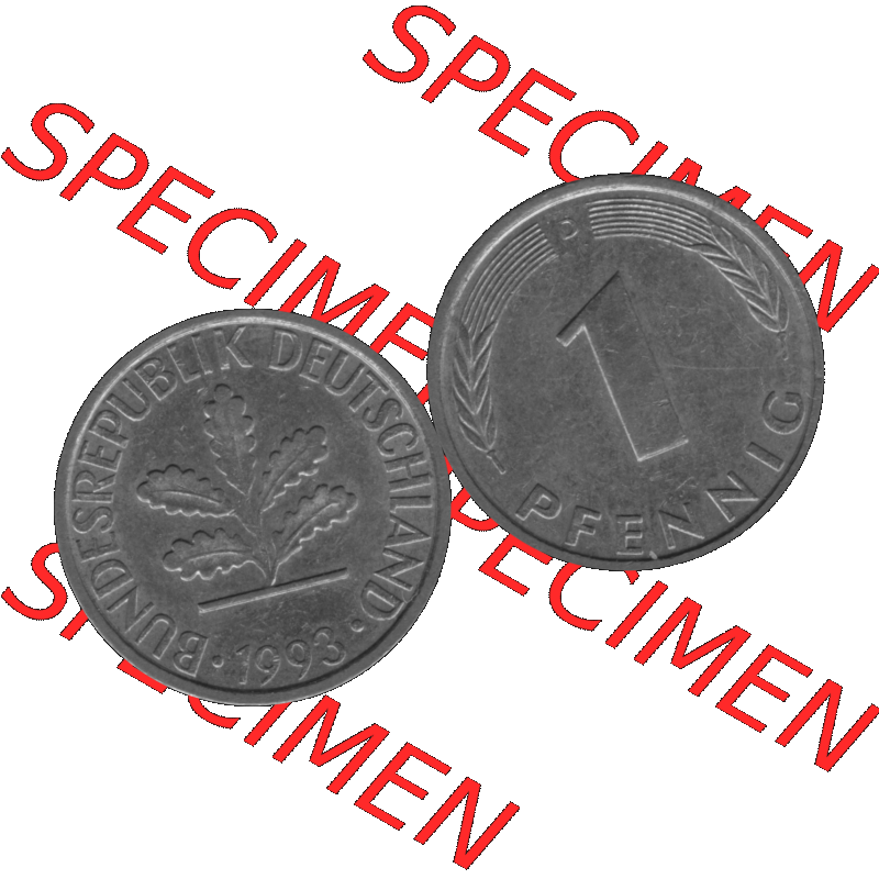 BRD Münzen 1 Pfennig Umlaufmünze in Graustufen PNG 1950-2001, 1 Pfennig 1993 München D-01. Graustufen-Bilder der Vorderseite und Rückseite mit Wert-Zahl auf einen Bild... Sammlung