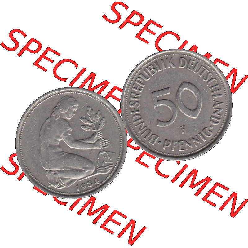 BRD Münzen 50 Pf. Umlaufmünze in PNG 1950-2001, 50 Pfennig BRD Deutschland 1984 Münzstätte Stuttgart mit Mzz. F-01. 50 Pfennig Münze der 1980-er Jahre,... Sammlung