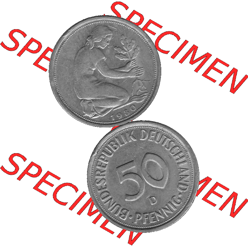 BRD Münzen Deutschland D 50 Pf. Umlaufmünze in Graustufen PNG 1950-2001, 50 Pfennig 1980 Münzzeichen "D" für München - "D"-01 Graustufen.... Sammlung