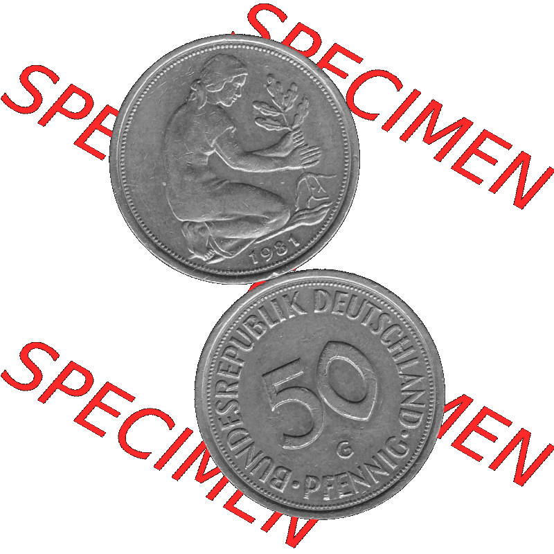 BRD Münzen Deutschland G 50 Pf. Umlaufmünze in Graustufen PNG 1950-2001, 50 Pfennig 1981 Münzzeichen "G" für Karlsruhe - "G"-01 Graustufen. PNG... Sammlung