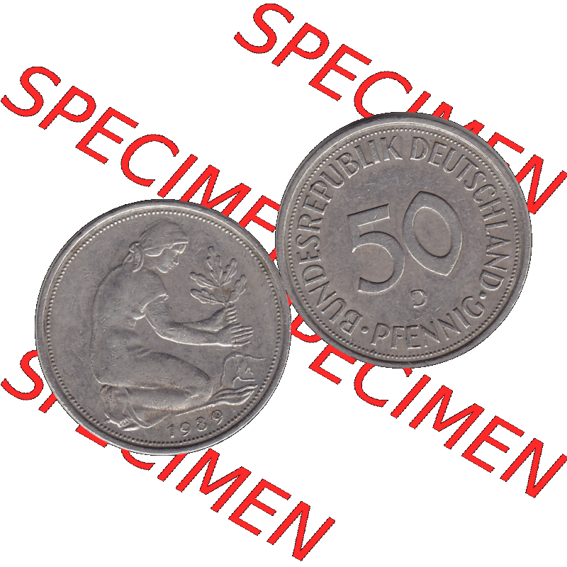 BRD Münzen 50 Pf. Umlaufmünze in PNG 1950-2001, 50 Pfennig BRD Deutschland 1989 München D-1. Transparente Vorderseite und Rückseite als PNG-Grafik mit Wert-Zahl... Sammlung
