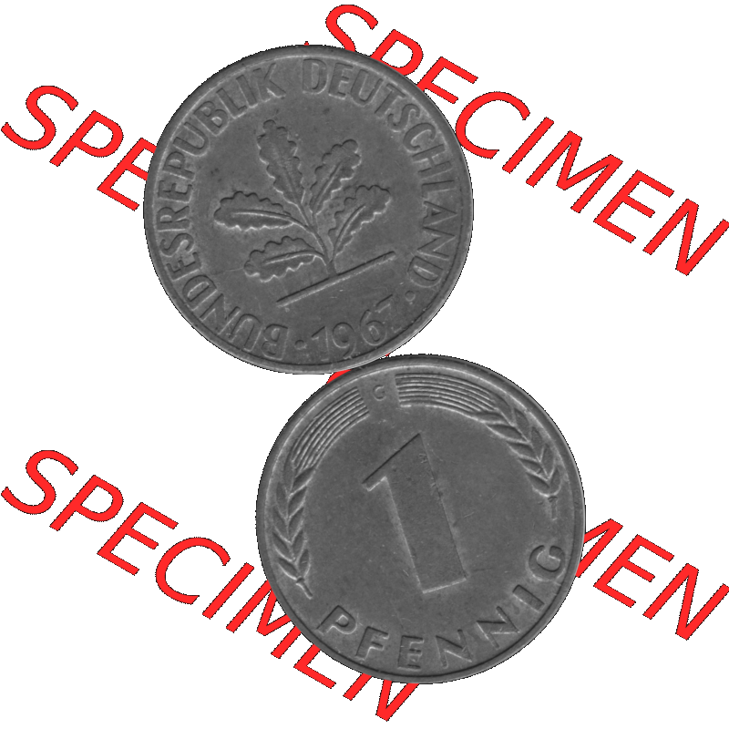 BRD Münzen 1 Pfennig BRD-Deutschland Umlaufmünze in Graustufen PNG 1950-2001, 1 Pfennig 1967, 1960er Jahre Münzstätte Karlsruhe G-01. Graustufen-Bild erstellt aus... Sammlung
