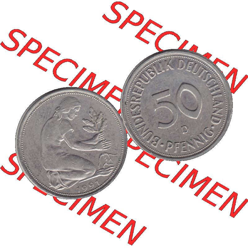 BRD Münzen 50 Pf. Umlaufmünze in PNG 1950-2001, 50 Pfennig BRD Deutschland 1991 München D-1. Transparente Vorderseite und Rückseite als PNG-Grafik mit Wert-Zahl... Sammlung