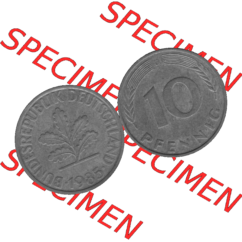 BRD Münzen 10 Pf. Umlaufmünze in PNG 1950-2001, 10 Pfennig 1985 D-01 Graustufen. Graustufen-Bilder der Vorderseite und Rückseite mit Wert-Zahl auf einen Bild / Foto... Sammlung