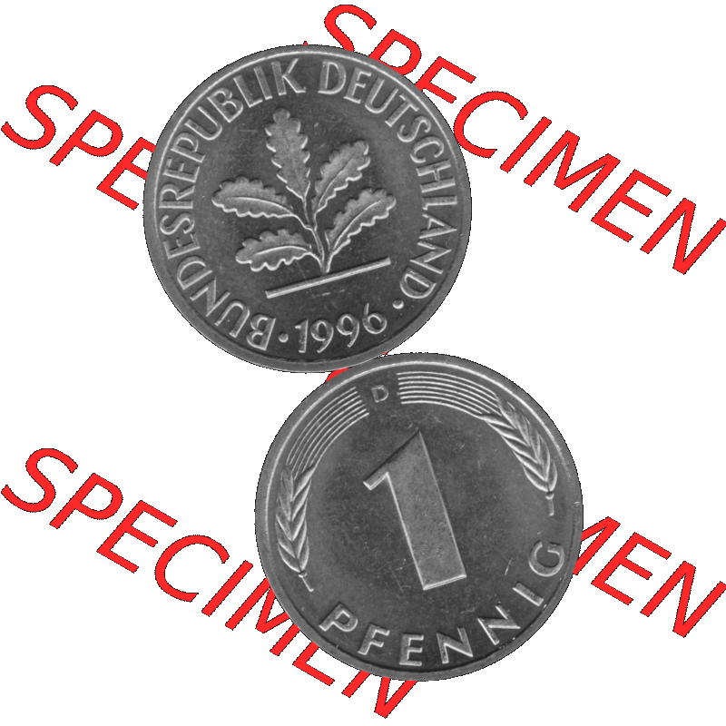 BRD Münzen 1 Pfennig Umlaufmünze in Graustufen PNG 1950-2001, 1 Pfennig 1996 München D-01. Graustufen-Bild erstellt aus Farbigen Bild mit Vorderseite und Rückseite auf... Sammlung