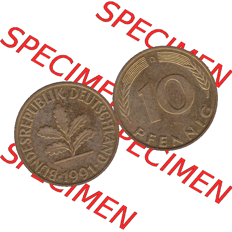 BRD Münzen 10 Pf. Umlaufmünze in PNG 1950-2001, 10 Pfennig 1991 D-01. Vorderseite und Rückseite mit Wert-Zahl auf einen Bild / Foto der digitalisierten 10 Pfennig... Sammlung