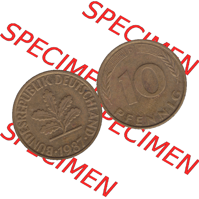 BRD Münzen 10 Pf. Umlaufmünze in PNG 1950-2001, 10 Pfennig 1987 D-01. Vorderseite und Rückseite mit Wert-Zahl auf einen Bild / Foto der digitalisierten 10 Pfennig... Sammlung