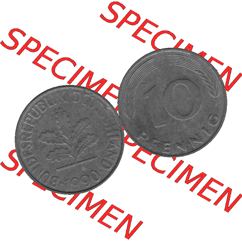 BRD Münzen 10 Pf. Umlaufmünze in PNG 1950-2001, 10 Pfennig 1990 F-01 Graustufen. Graustufen-Bild aus Farbigen Bilder mit Vorderseite und Rückseite mit Wert-Zahl auf einen... Sammlung
