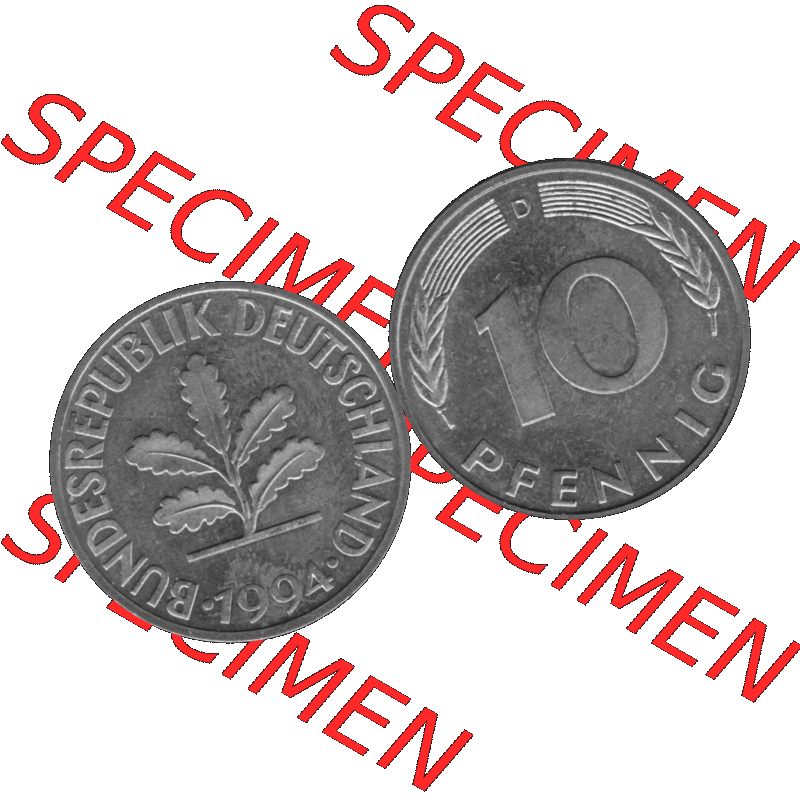 BRD Münzen 10 Pf. Umlaufmünze in PNG 1950-2001, 10 Pfennig 1994 D-02 Graustufen. Graustufen-Bilder der Vorderseite und Rückseite mit Wert-Zahl auf einen Bild / Foto... Sammlung