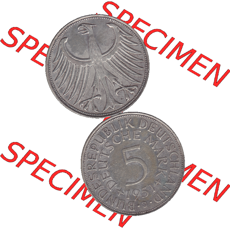 BRD Münzen 5 Deutsche Mark, 5 DM Silbermünze in 625/1000 Silber 1951-1974, 5 DM, 5 Deutsche Mark Silberadler, Heiermann 1951 J-1. Das digitale Bild/Foto... Sammlung