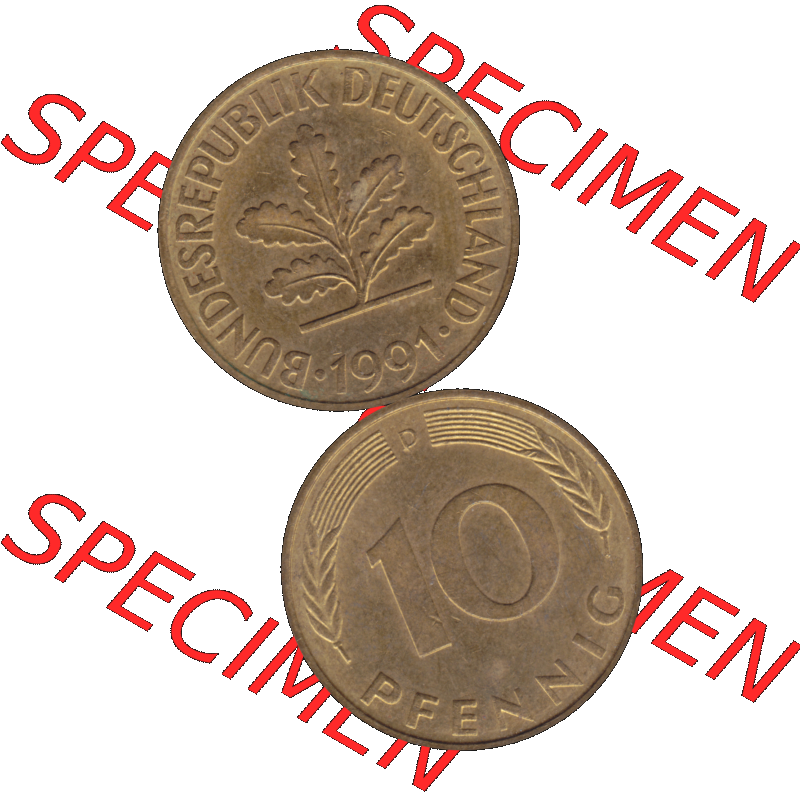BRD Münzen 10 Pf. Umlaufmünze in PNG 1950-2001, 10 Pfennig 1991 D-03. Vorderseite und Rückseite auf einen Bild / Foto vertikal untereinander zusammengefügt,... Sammlung
